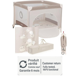 LIONELO BONNIE Beige folding playpen, featuring zipped side access and ventilated nets.