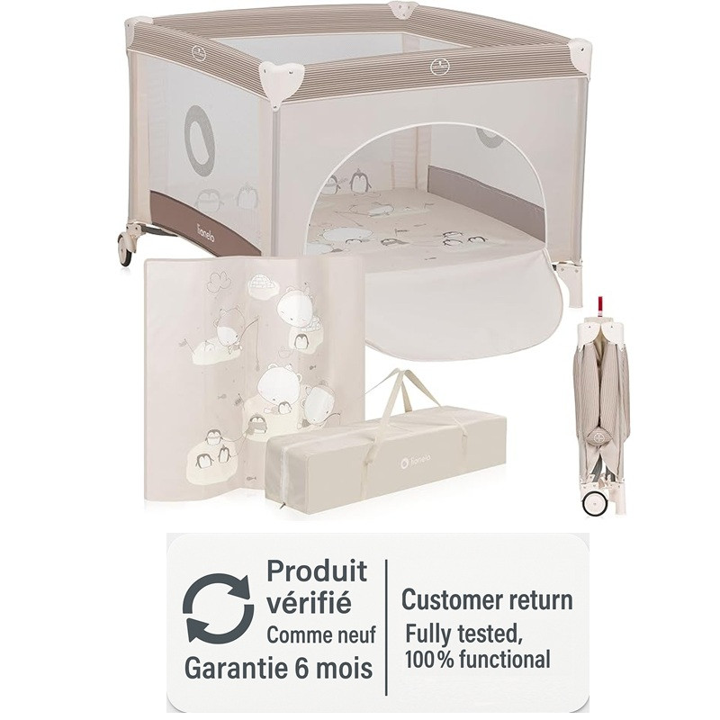 Parc bébé LIONELO BONNIE Beige pliable, montrant l'accès latéral zippé et les filets aérés.