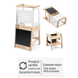 Tour d'observation Maxi-Cosi Toucan 3-en-1 en bois naturel certifié FSC, montrant la transformation en table et chaise.