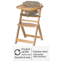 Timba high chair in natural beech, with cushion and dining table, showing adjustment steps.