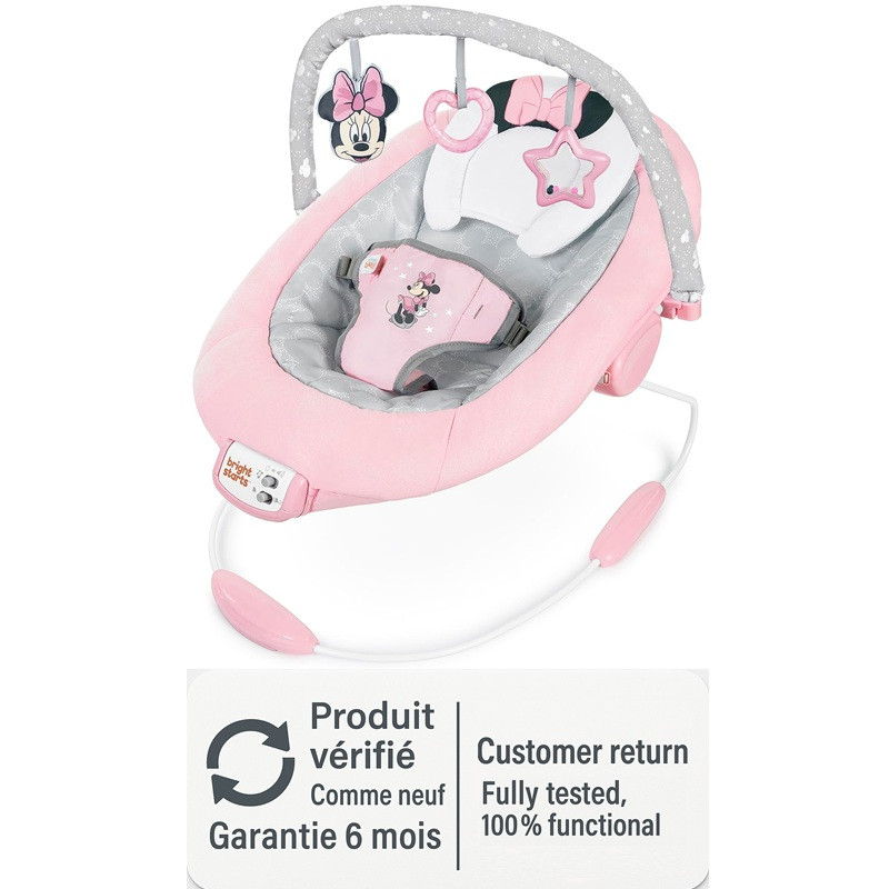 Bright Starts Disney MINNIE MOUSE Rosy Skies hamaca para bebé con arco de juguete y cómodo asiento para bebé.