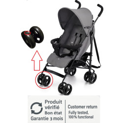 Silla de paseo ligera Kinderkraft TIK gris rebajada, mostrando la rueda con la goma presionada y su posición extendida.