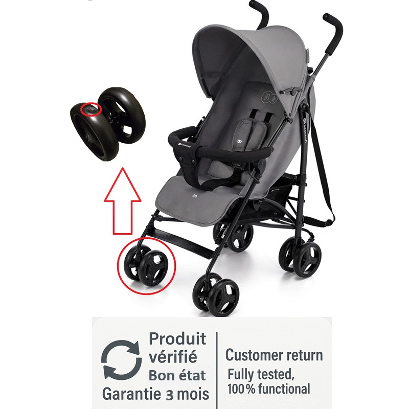 Gedeclasseerde grijze Kinderkraft TIK lichtgewicht kinderwagen, met het wiel met ingedrukt rubber en de uitgeschoven positie.