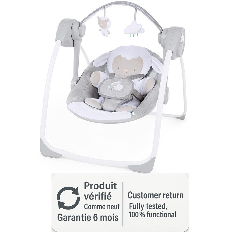 Ingenuity Cuddle Lamb compact swing, beige and white, with play arch and soft cushion, refurbished product.