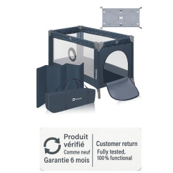 Cama paraguas Lionelo Stefi en azul y gris con puerta lateral con cremallera y bolsa de transporte