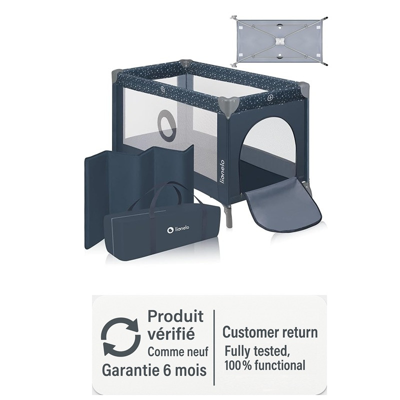Cama paraguas Lionelo Stefi en azul y gris con puerta lateral con cremallera y bolsa de transporte