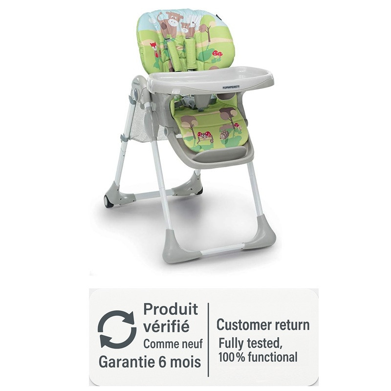 Foppapedretti Meeting high chair with Farm motif, adjustable shelf and reclining backrest.