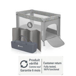 Letto pieghevole Lionelo Stefi, grigio con ingresso laterale e pareti in rete, come nuovo