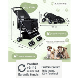 Carrinho de bebé para cães Mobiclinic Zuma, preto, dobrável, com cesto XXL e rodas 360°, como novo.