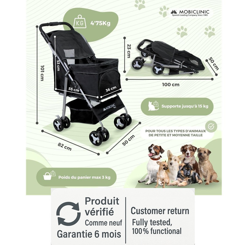 Mobiclinic Zuma hondenwagen, zwart, opvouwbaar, met XXL mand en 360° wielen, als nieuwstaat.