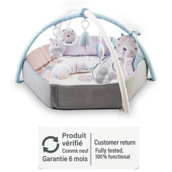 MoMi PASTEL 3-in-1 playmat sensoriale con archi, giocattoli sospesi e 30 palline, come nuovo