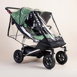 Habillage pluie transparent intégral installé sur une poussette double Mountain Buggy Duet v4.